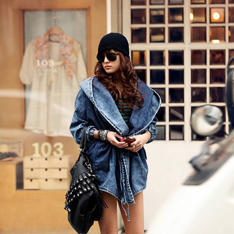 Women's Waist Denim Trench Coat With Long Sleeves Mid-Length Cloak Denim Jacket