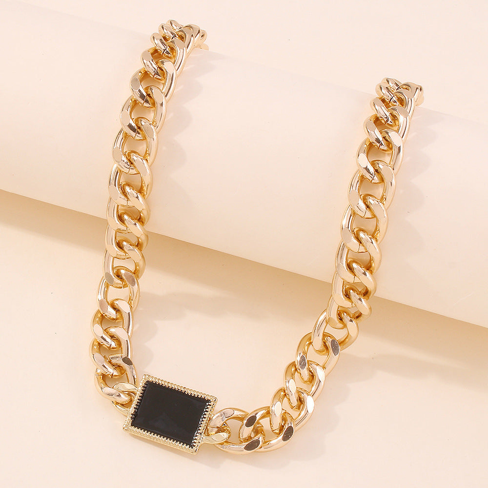 Square Black Pendant Gold Necklace