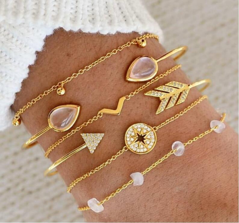 Six-Piece Eye Stone Arrow V-Shaped Bracelet Set