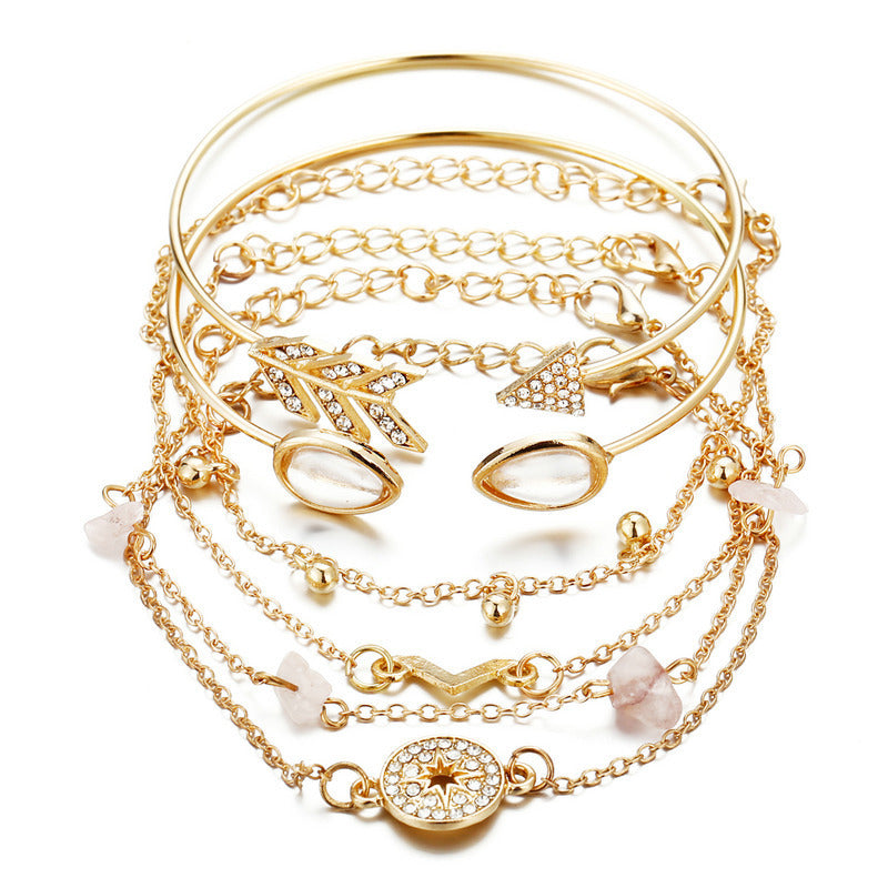 Six-Piece Eye Stone Arrow V-Shaped Bracelet Set