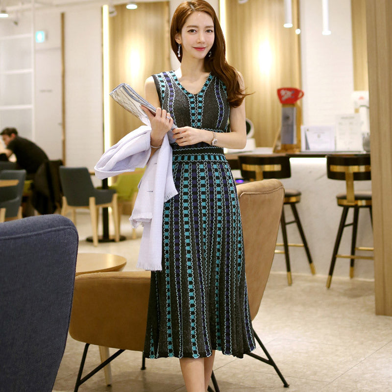 Knitted Backless Dress Summer Sleeveless Temperament V-Neck Waist Large Swing Skirt Bottoming Dress
