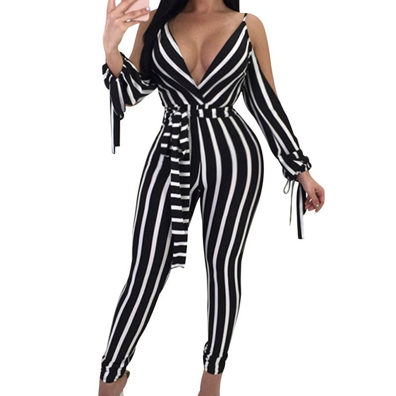 Deep V Leaky Back Straps Slim Fit Buttocks Striped Jumpsuit
