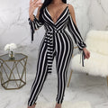 Deep V Leaky Back Straps Slim Fit Buttocks Striped Jumpsuit