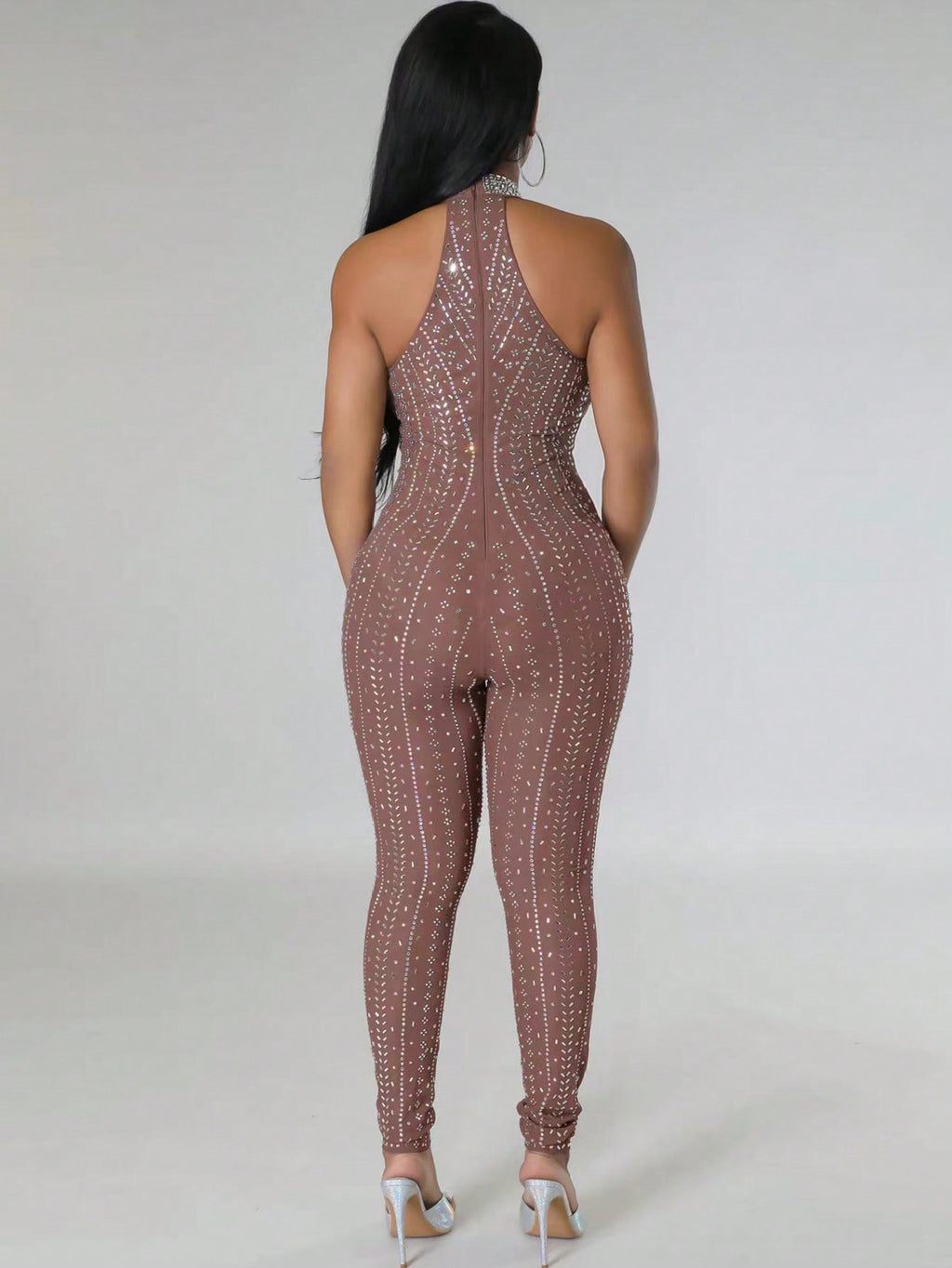 Rhinestone Detail Cut Out Front Halter Neck Backless Unitard Jumpsuit