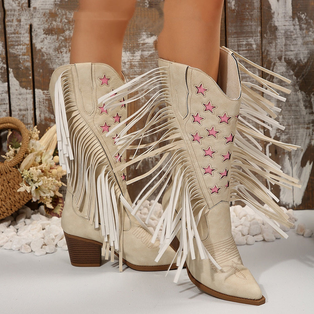 Fashion High Heel Tassel Embroidery Women's Leather Boots