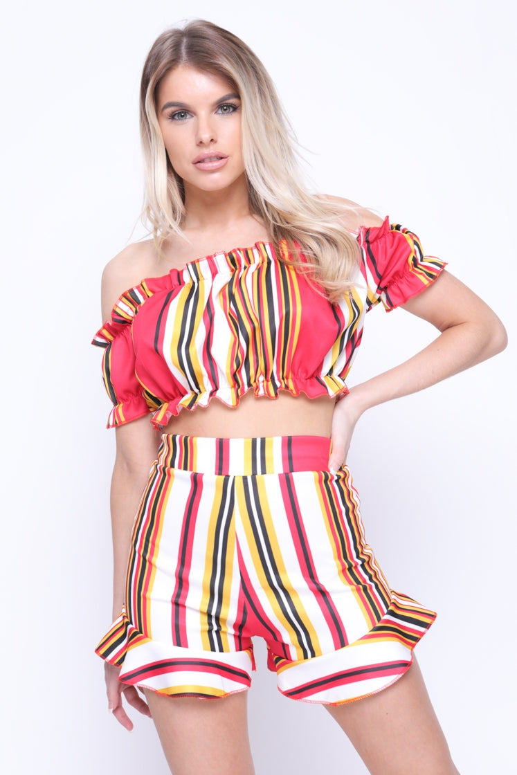 Striped Bardot Crop Top And Shorts Co-ord