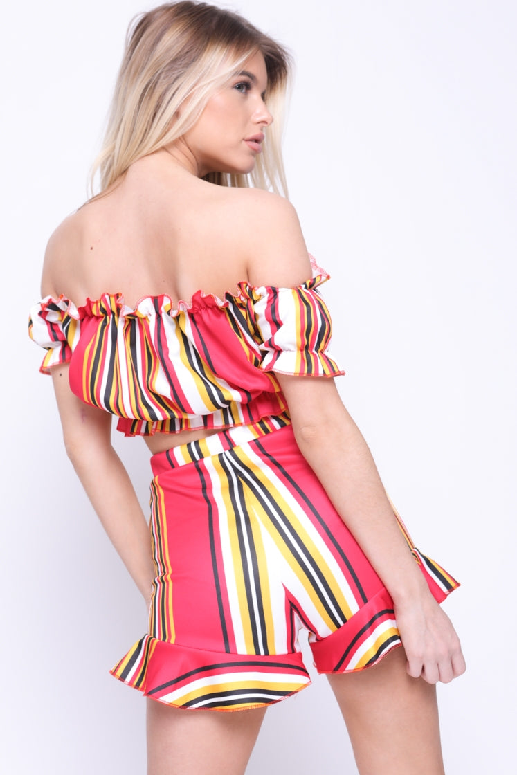 Striped Bardot Crop Top And Shorts Co-ord