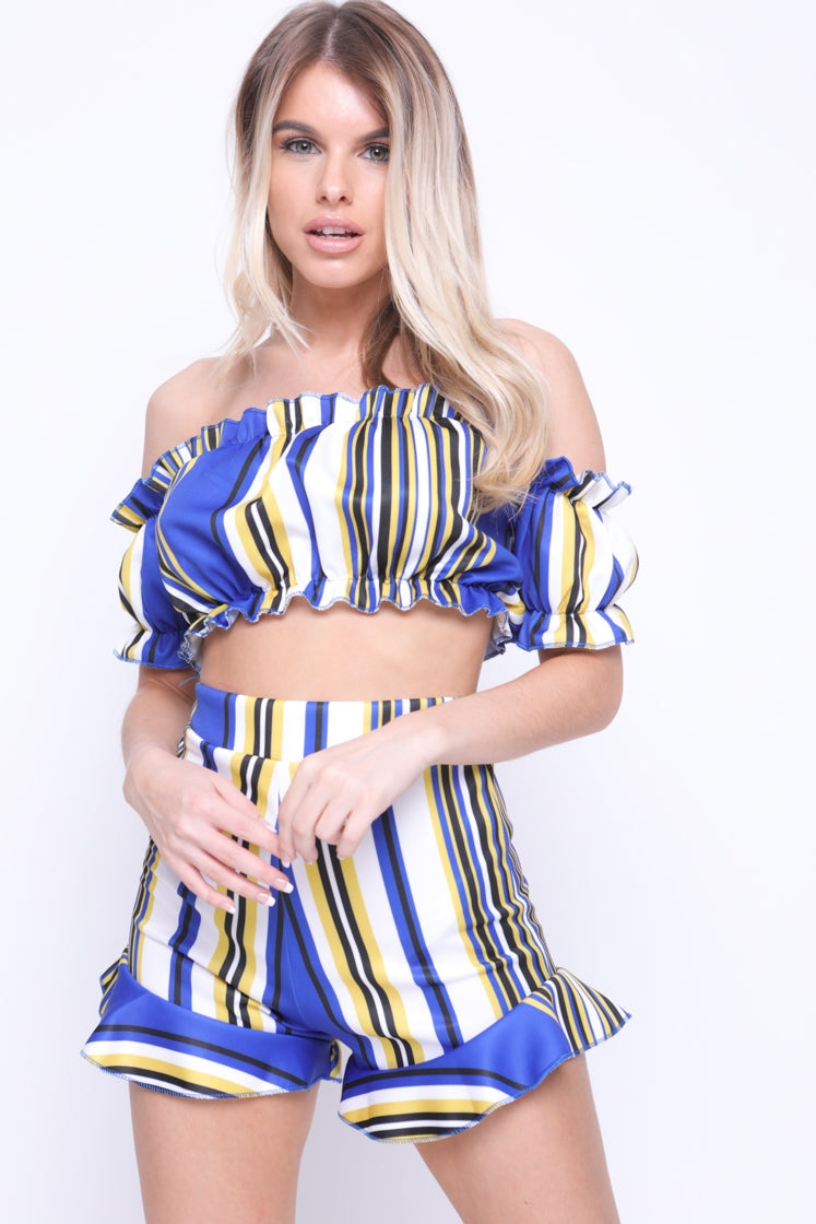 Striped Bardot Crop Top And Shorts Co-ord