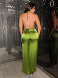 SXY Valentines Sexy Outfits Club Women'S Sexy Deep V-Neck Halter Backless See-Through Long Flare Leggings Green Jumpsuit With High Slits, Perfect For New Year Party