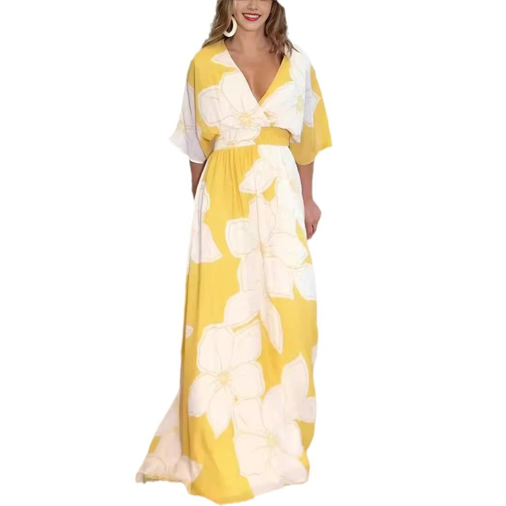 Flower Printed V-neck Batwing-sleeved Dress Fashion Elegant Backless Long Dresses Women's Clothing