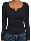 Women's Solid Color Buttons Long-sleeved T-shirt Thread Knitted Top