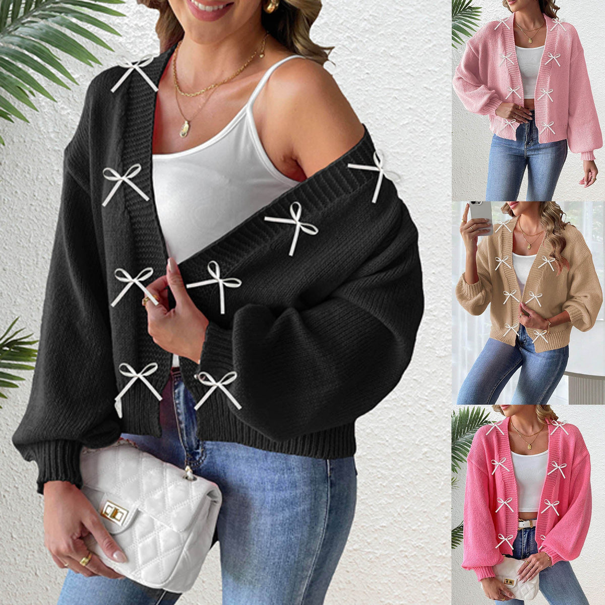 Women's Solid Color Ribbon Bowknot Stitching Sweater Cardigan
