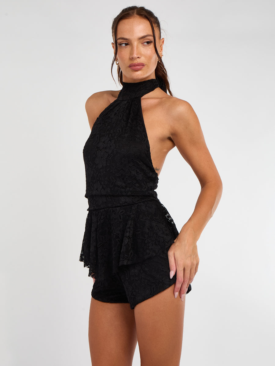 Lace Detail Slinky Frill Playsuit
