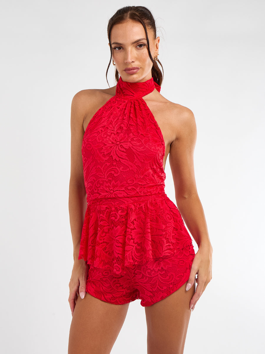 Lace Detail Slinky Frill Playsuit