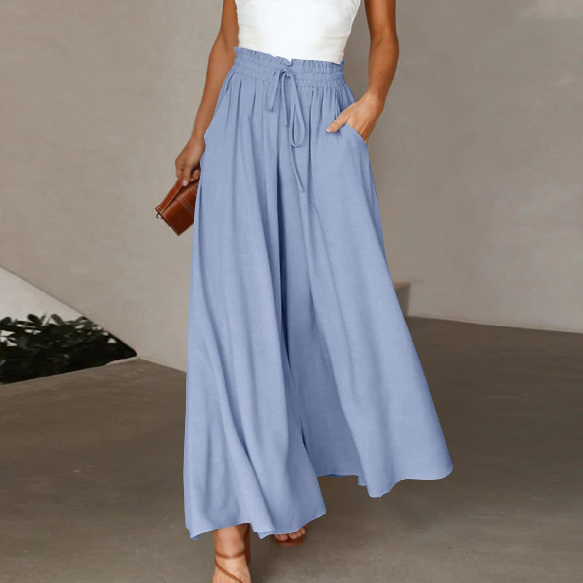 Women's Fashion Wide Leg Elastic Waistband Wide Leg High Waist Long Dress Pants