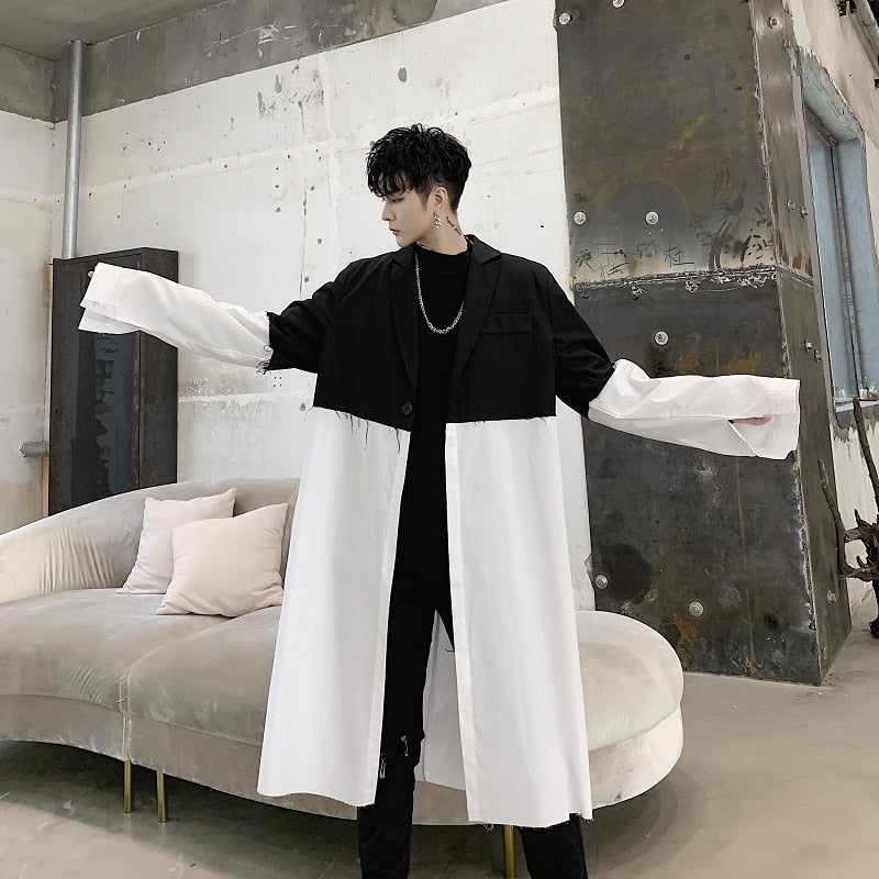 Black and white contrast color mid-length trench coat
