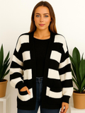 Knitted Stripped Balloon Sleeve Cropped Cardigan