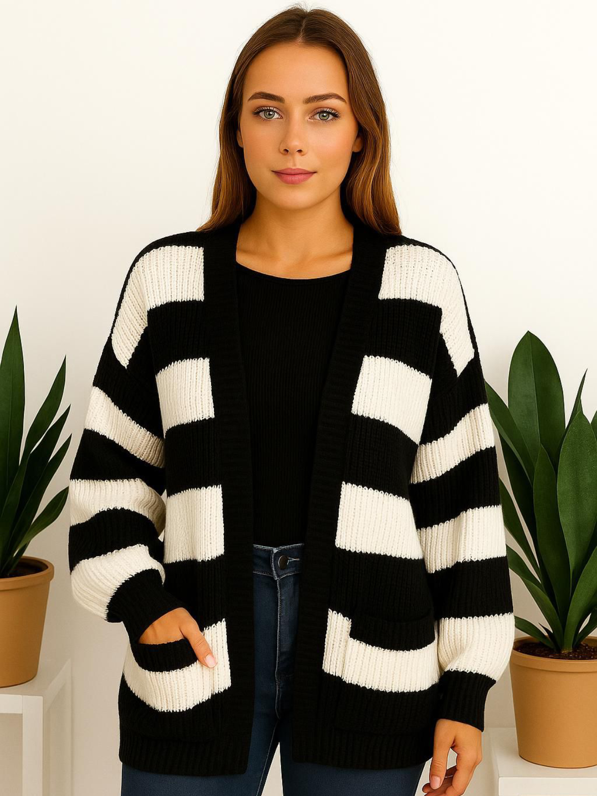 Knitted Stripped Balloon Sleeve Cropped Cardigan