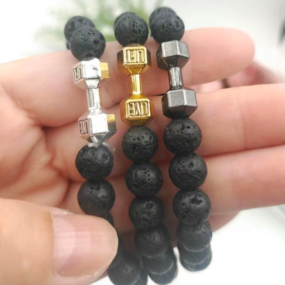 Barbell & Lava Rock Stone Beads Dumbbell Bracelet