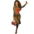 Women's Printed Sexy Mesh High Waist Slim-fit Zipper Long-sleeved Jumpsuit