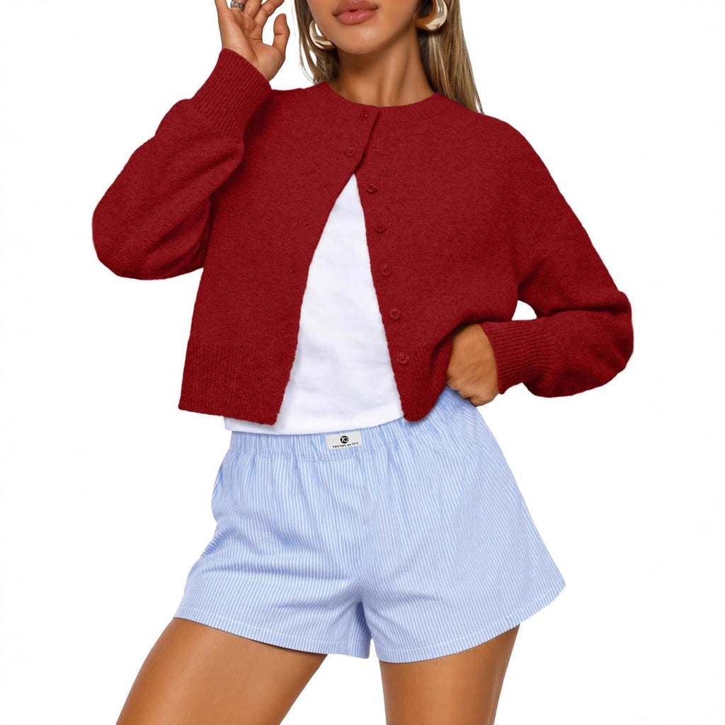 Buttoned Long-sleeve Crew-neck Solid-color Cropped Knit Sweater