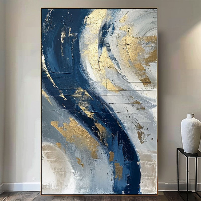Luxury Handmade Abstract Oil Painting Wall Art Modern Golden Blue Minimalist Texture Canvas Mural For Living Room Decor Frameless