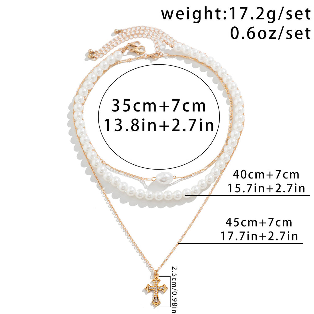 Multi-Layer Starfish Shell Pearl, Cross, Palm Tree Necklaces, 3Pc Set