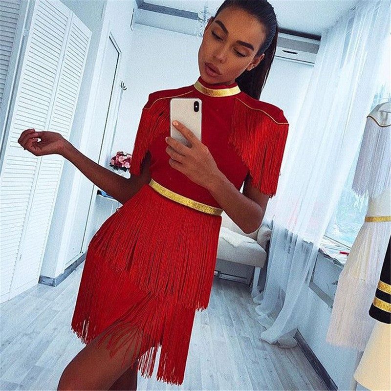 Women's Round Neck Fringed Belt Black And White Red Casual Dress