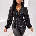 Women's V-neck Heart Shape Printed Cross Collar Drawstring Shirt