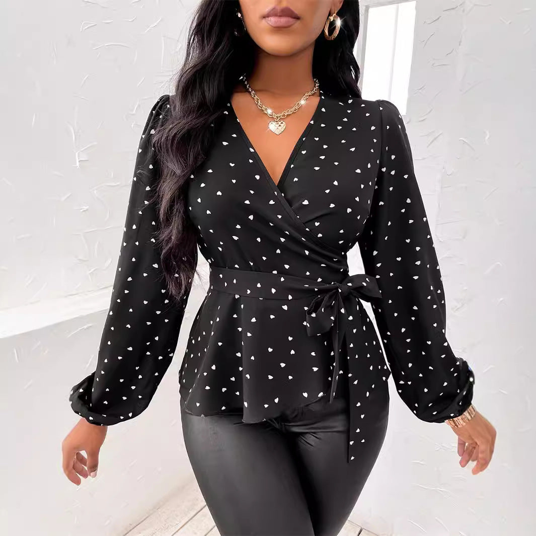 Women's V-neck Heart Shape Printed Cross Collar Drawstring Shirt
