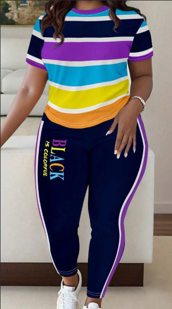 Women Fashionable Colorful Stripe Print T-shirt And Pants Casual Set
