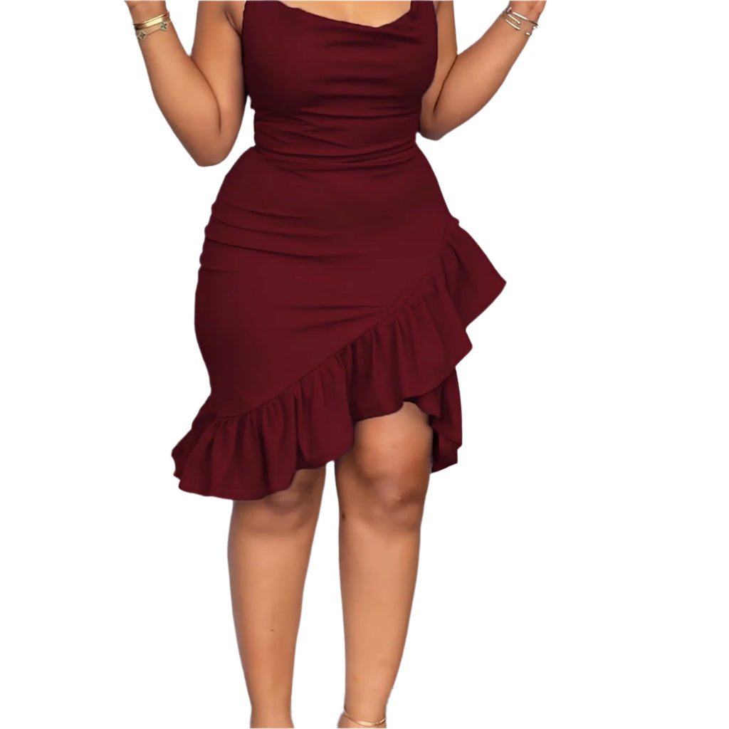 Elegant Bodycon Ruffle Hem and Back Zipper Dress