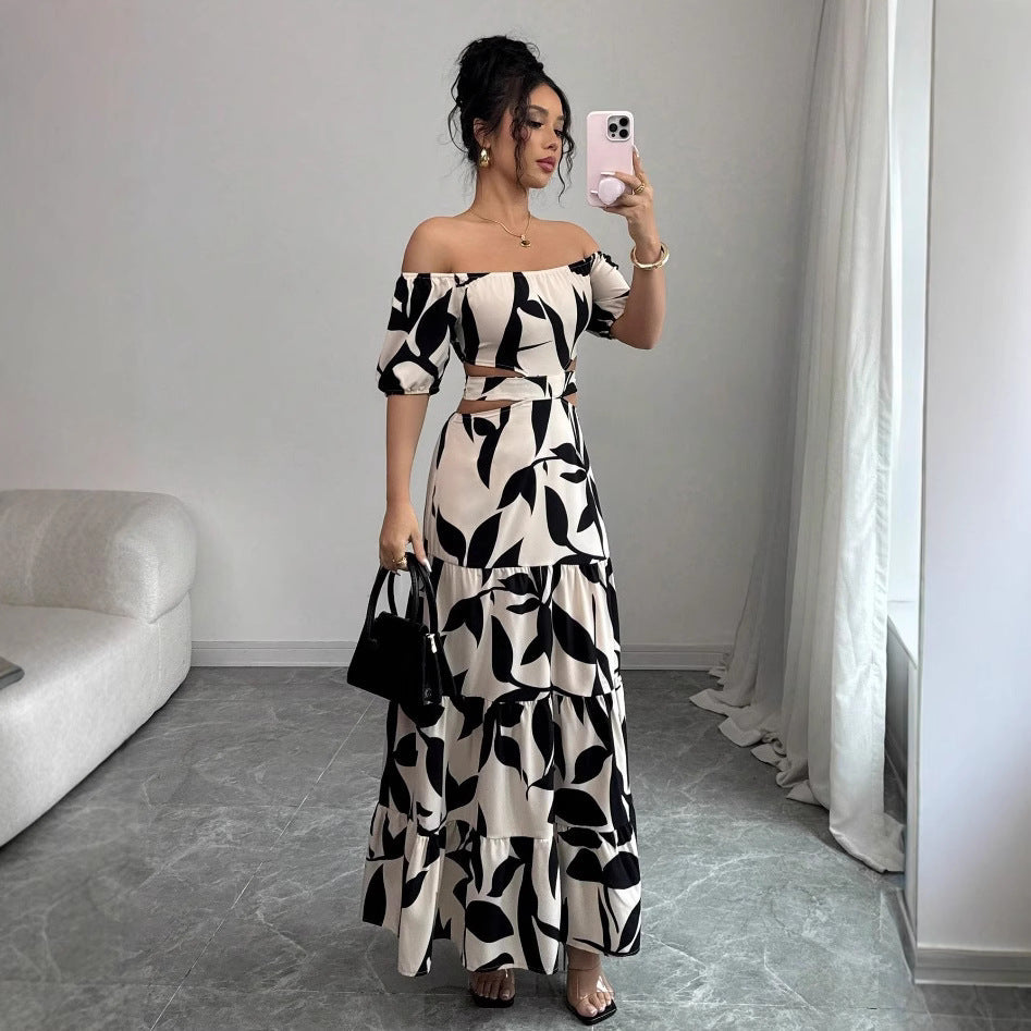 Off-shoulder Sexy Hollow-out Dress Printed Bodycon Dress That Flatters Your Figure And Shows Off Your Waist