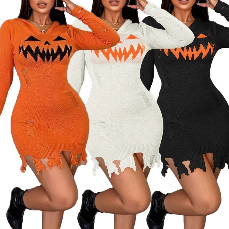 Women's Solid Color Hooded Halloween Fashion Tight Dress