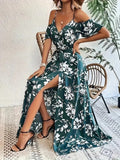 Ins Off-Shoulder Split Dress Summer Floral Print Suspender Long Dresses With Belt Design Women's Beach Clothing