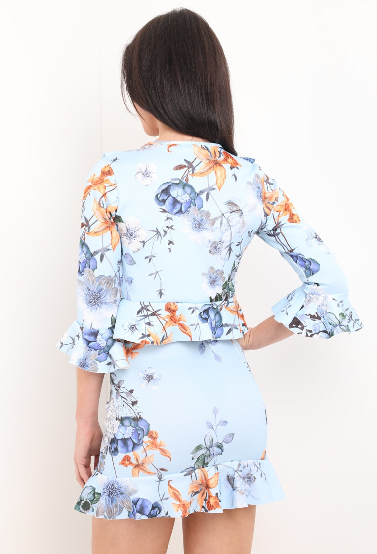 Floral Print Frill Detail Top And Skirt Co-Ord