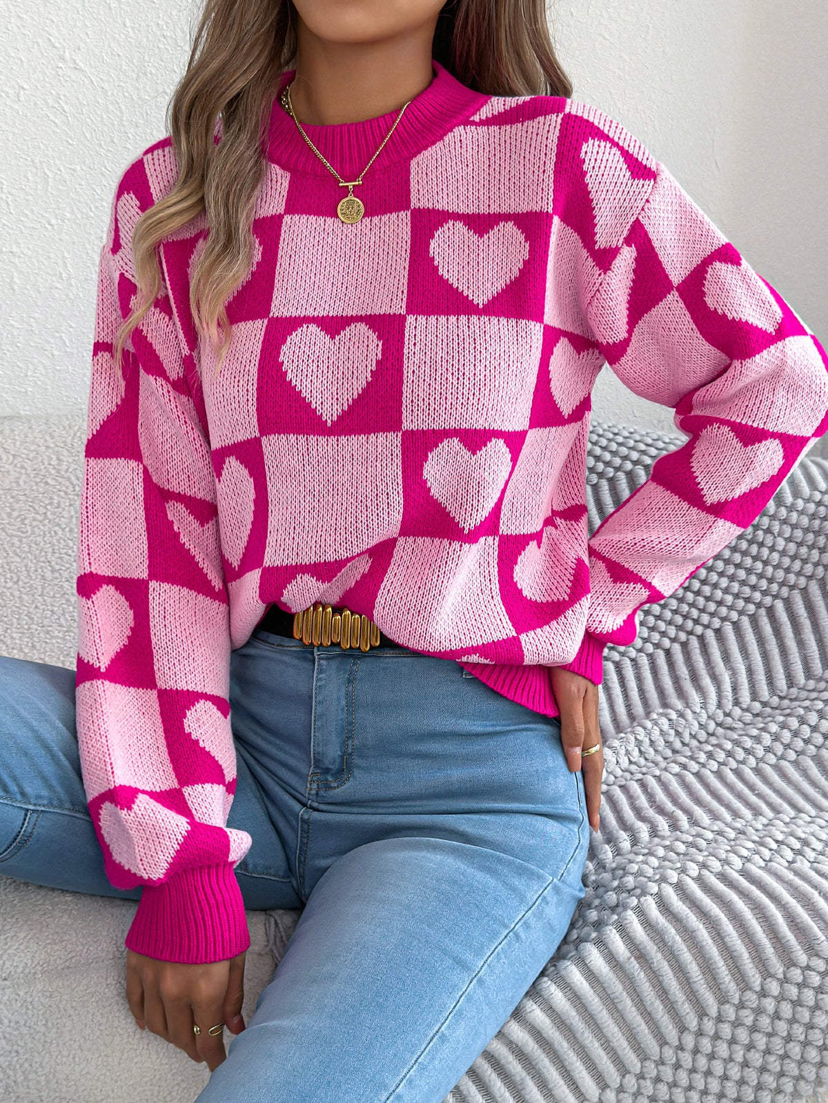 Women's Color-Blocked Plaid Heart Lantern Sleeve Pullover Sweater For Valentine's Day