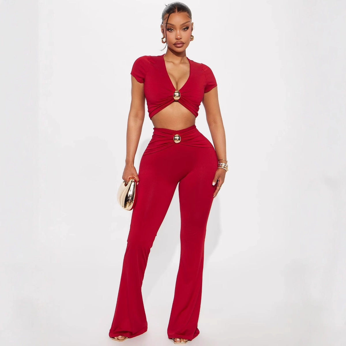 Low-cut V-neck Short-sleeved T-shirt Top With Hardware Waist-length Bodycon Trousers Set