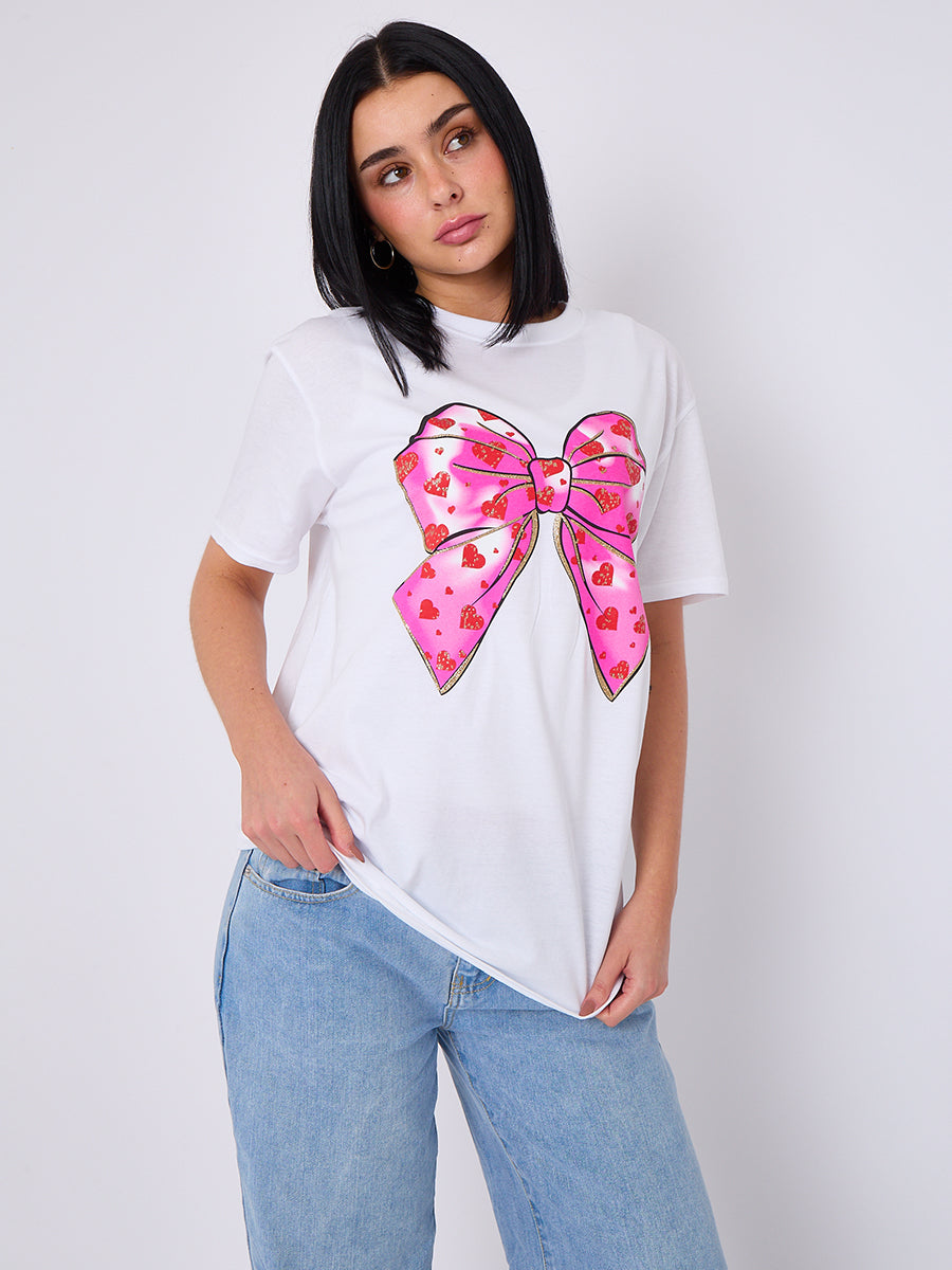 Bow Hearts Graphic Printed T-Shirt