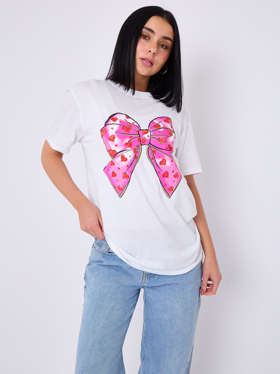 Bow Hearts Graphic Printed T-Shirt