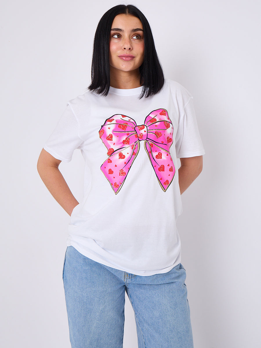 Bow Hearts Graphic Printed T-Shirt
