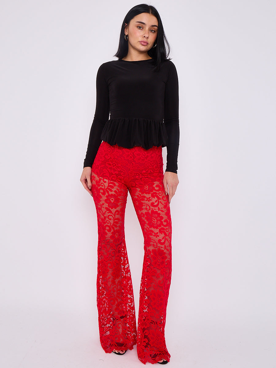 Lace Detail High Waist Flared Trousers