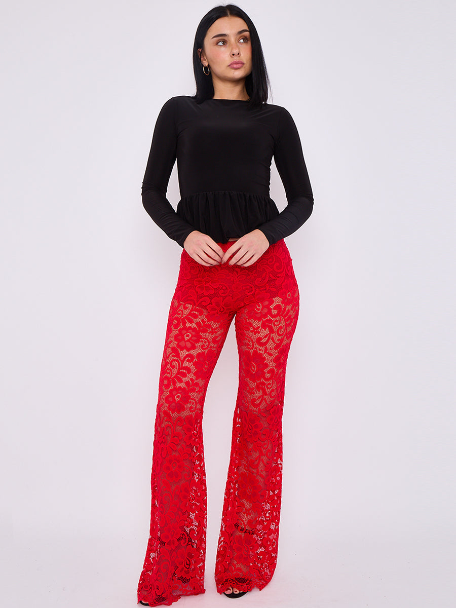 Lace Detail High Waist Flared Trousers