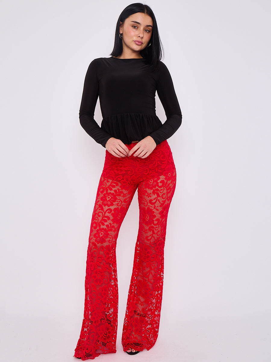 Lace Detail High Waist Flared Trousers