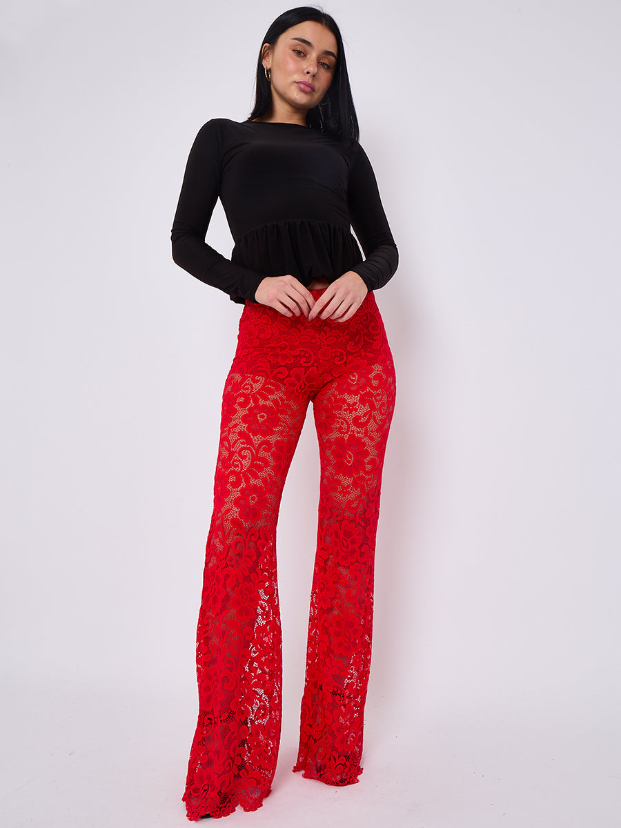 Lace Detail High Waist Flared Trousers