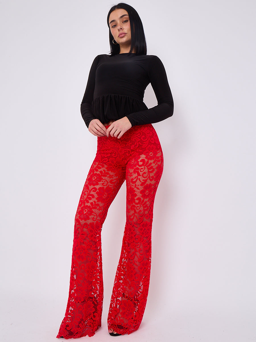 Lace Detail High Waist Flared Trousers
