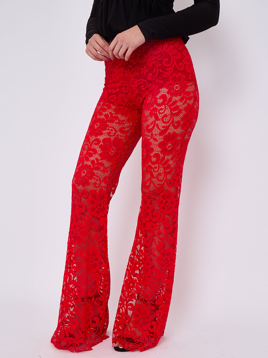 Lace Detail High Waist Flared Trousers