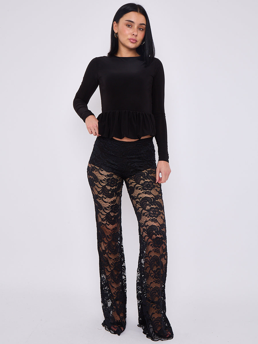 Lace Detail High Waist Flared Trousers