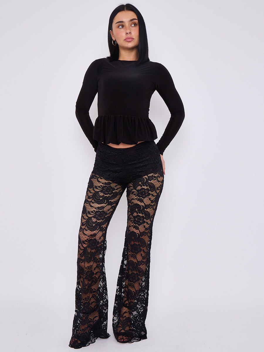 Lace Detail High Waist Flared Trousers