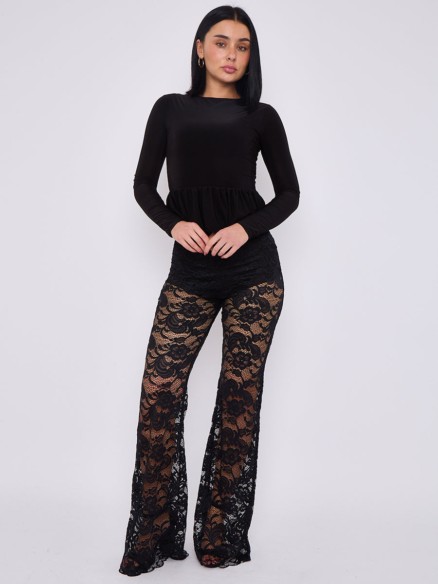 Lace Detail High Waist Flared Trousers